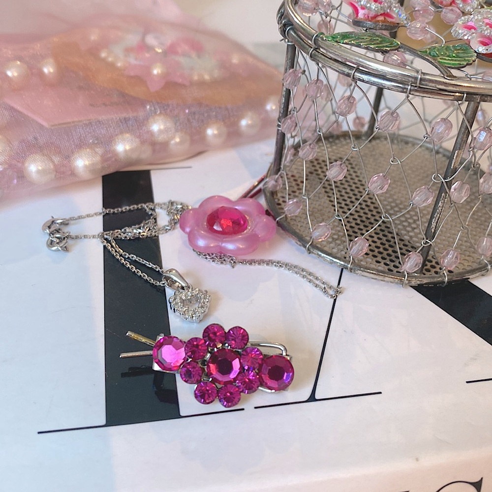 Tarina Tarantino Silver & Hot Pink Swarovski Crystal Flower Hair Barrette